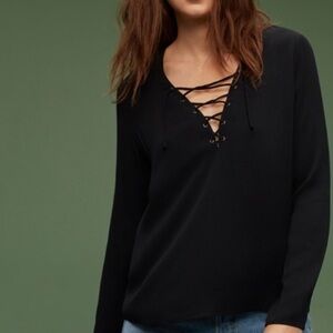Aritzia Wilfred Free Redling Black Crepe Lace Up Long Sleeve Blouse Top Size S